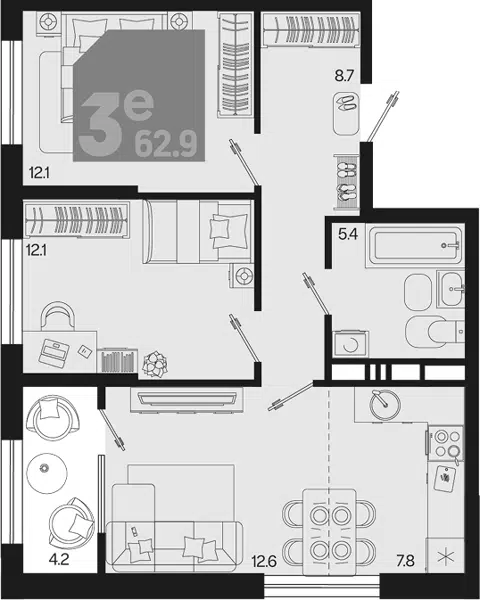 Планировка 3Е-к.кв