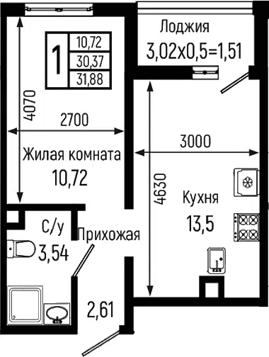 Планировка 1-к.кв