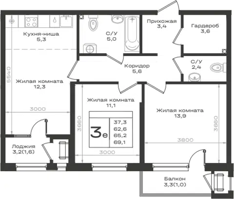 Планировка 3Е-к.кв