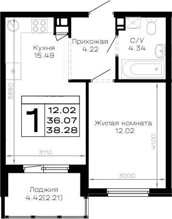 Планировка 1-к.кв