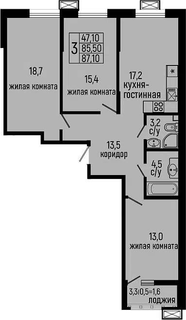 Планировка 3-к.кв