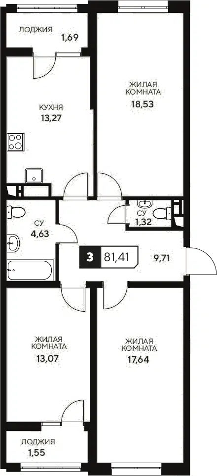 Планировка 3-к.кв