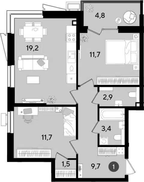 Планировка 3Е-к.кв