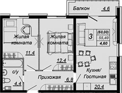 Планировка 2-к.кв