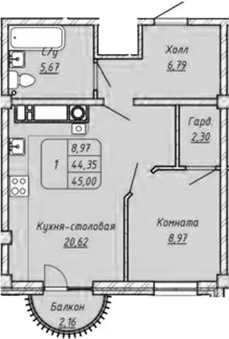 Планировка 1-к.кв
