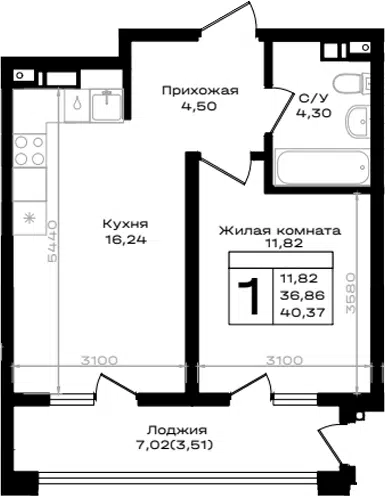 Планировка 1-к.кв