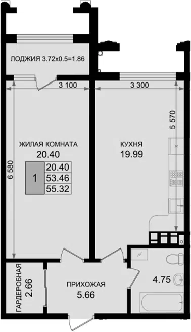 Планировка 1-к.кв