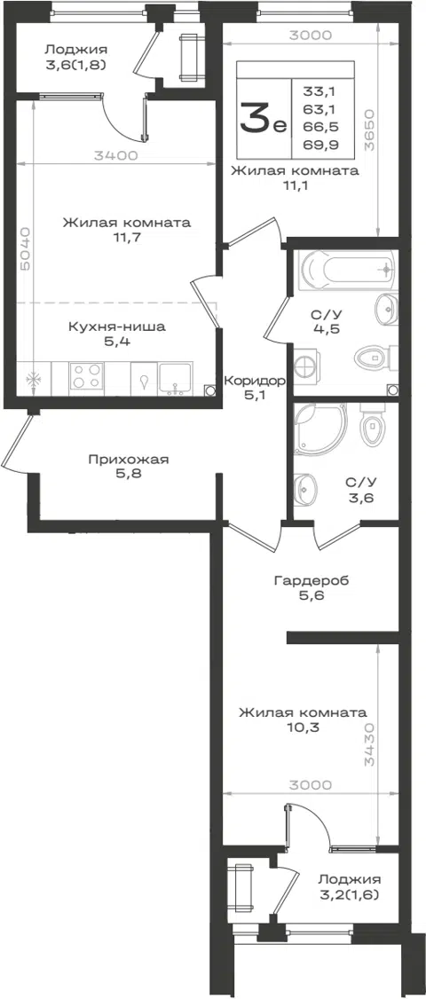 Планировка 3Е-к.кв