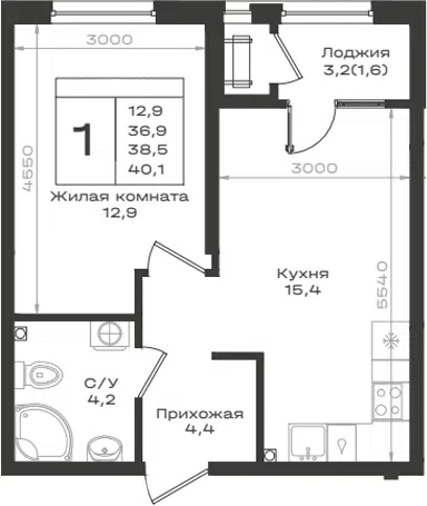 Планировка 1-к.кв