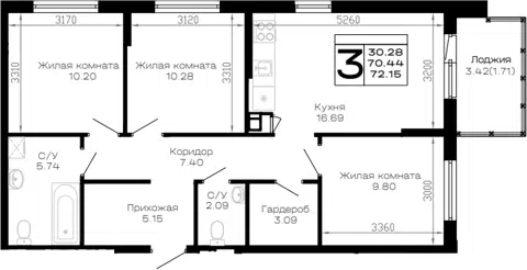 Планировка 3-к.кв