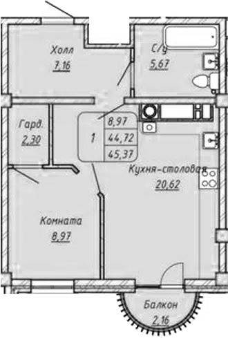 Планировка 1-к.кв