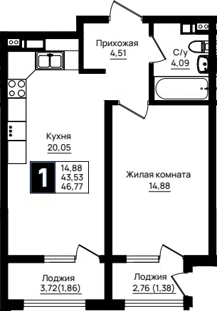 Планировка 1-к.кв