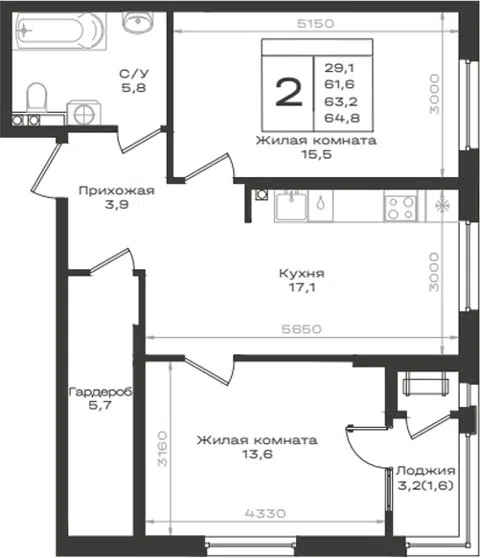Планировка 2-к.кв