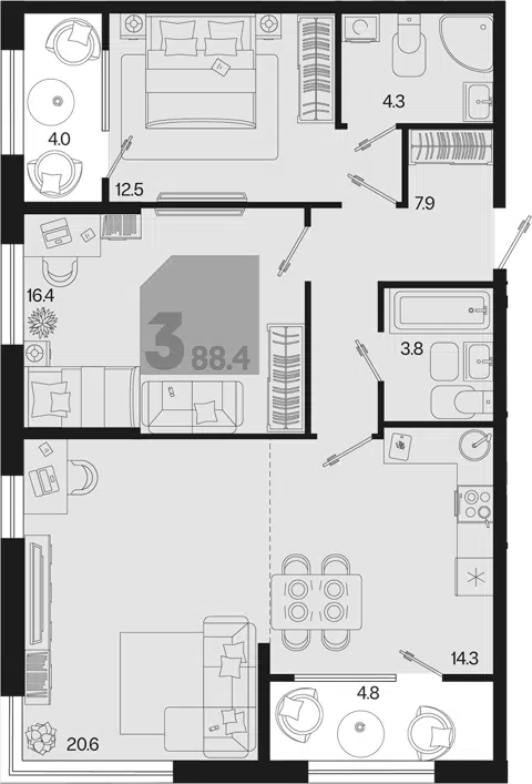 Планировка 3Е-к.кв
