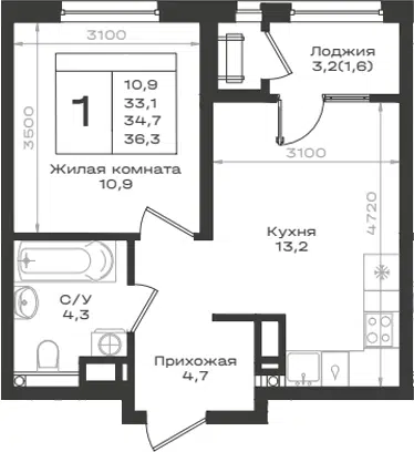 Планировка 1-к.кв