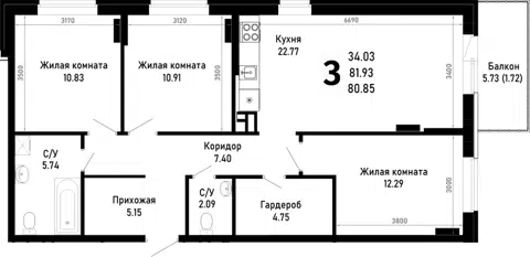 Планировка 3-к.кв