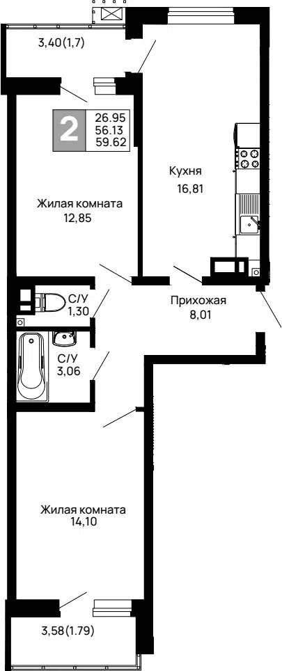 Планировка 2-к.кв