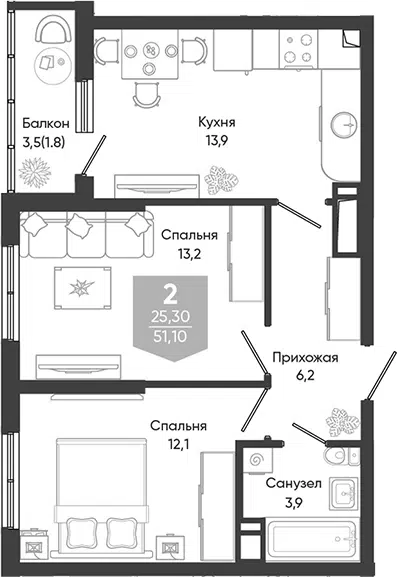 Планировка 2-к.кв