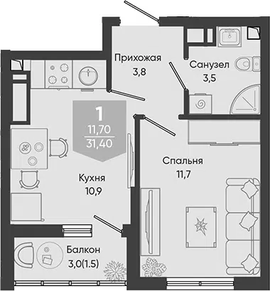Планировка 1-к.кв