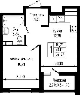 Планировка 1-к.кв
