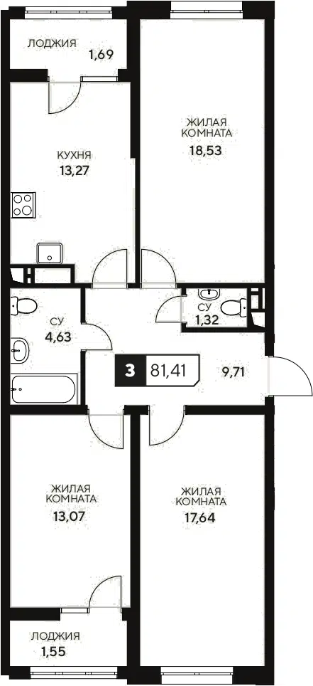 Планировка 3-к.кв