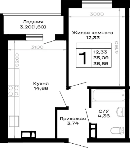 Планировка 1-к.кв