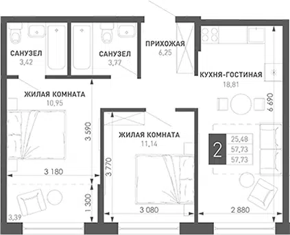 Планировка 2-к.кв