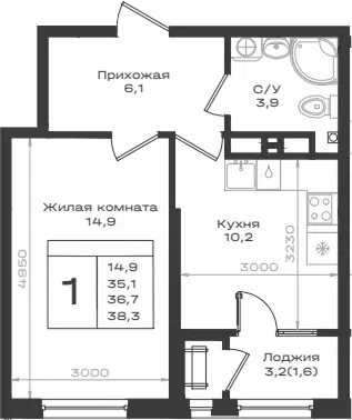 Планировка 1-к.кв
