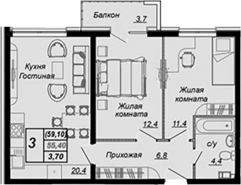 Планировка 2-к.кв
