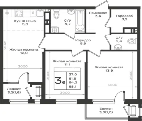 Планировка 3Е-к.кв