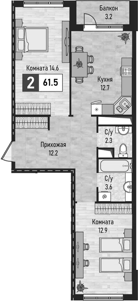 Планировка 2-к.кв