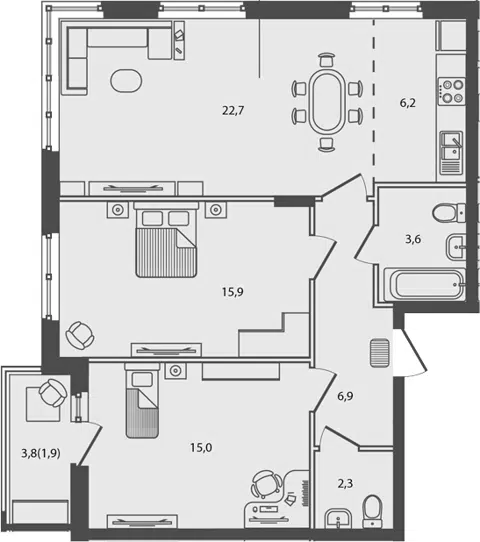 Планировка 3Е-к.кв