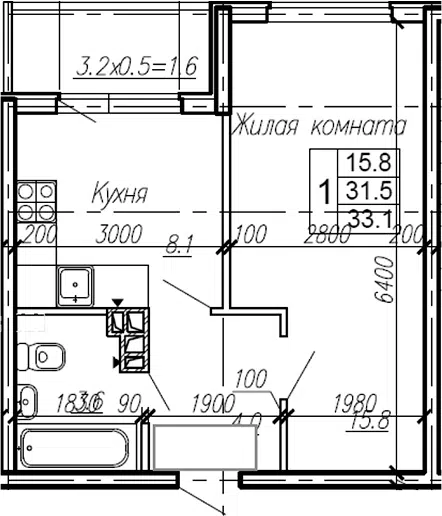 Планировка 1-к.кв