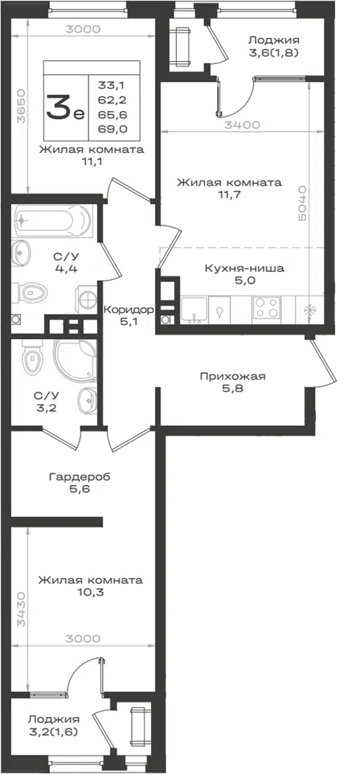 Планировка 3Е-к.кв