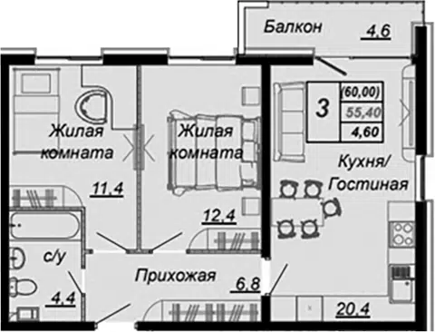 Планировка 2-к.кв
