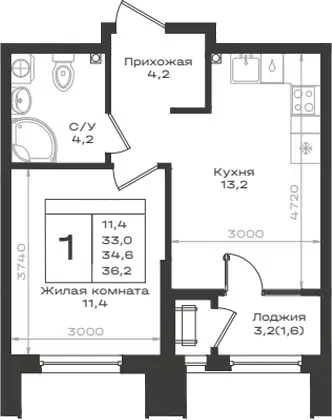 Планировка 1-к.кв