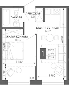 Планировка 1-к.кв