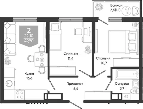 Планировка 3Е-к.кв