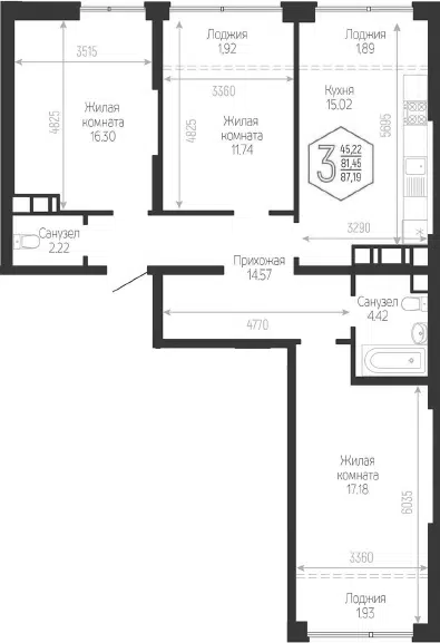 Планировка 3-к.кв