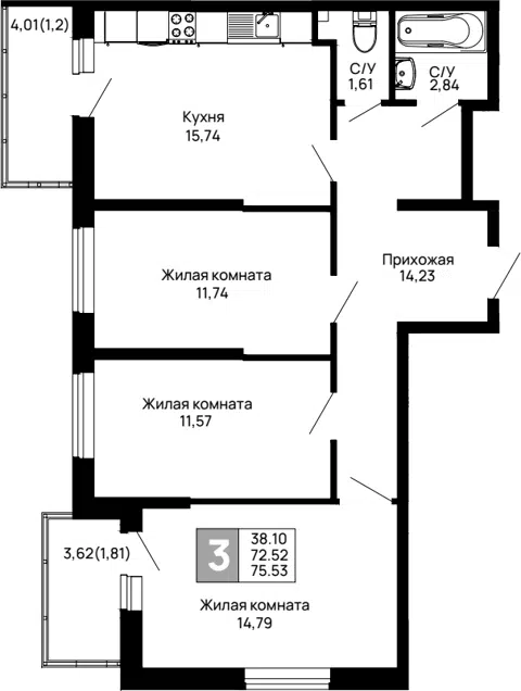 Планировка 3-к.кв