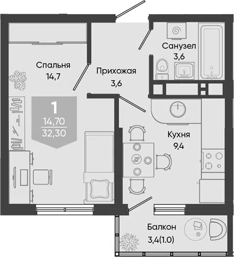Планировка 1-к.кв