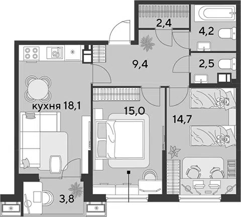 Планировка 3Е-к.кв