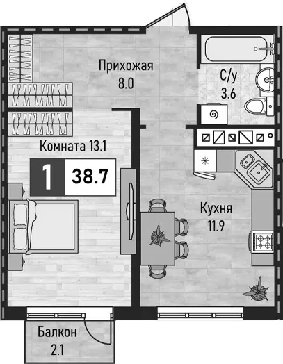 Планировка 1-к.кв