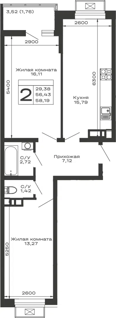 Планировка 2-к.кв