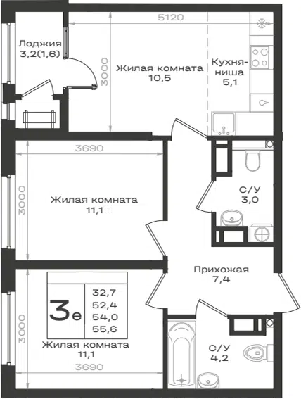 Планировка: 3Е-к.кв