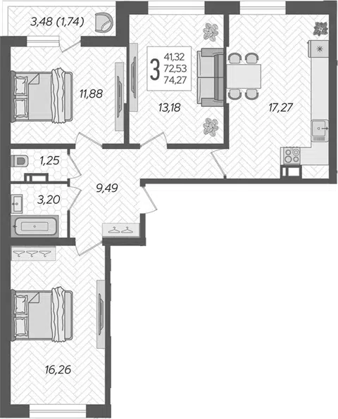 Планировка 3-к.кв
