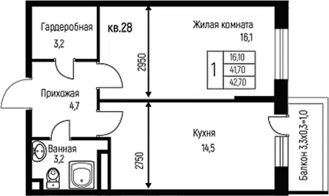 Планировка 1-к.кв