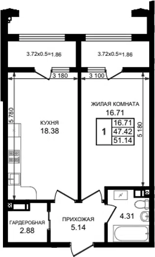 Планировка 1-к.кв