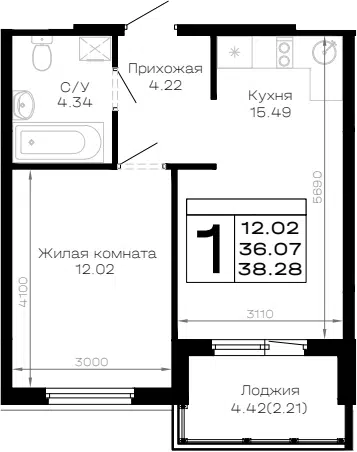 Планировка 1-к.кв