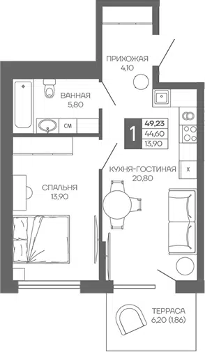 Планировка 1-к.кв